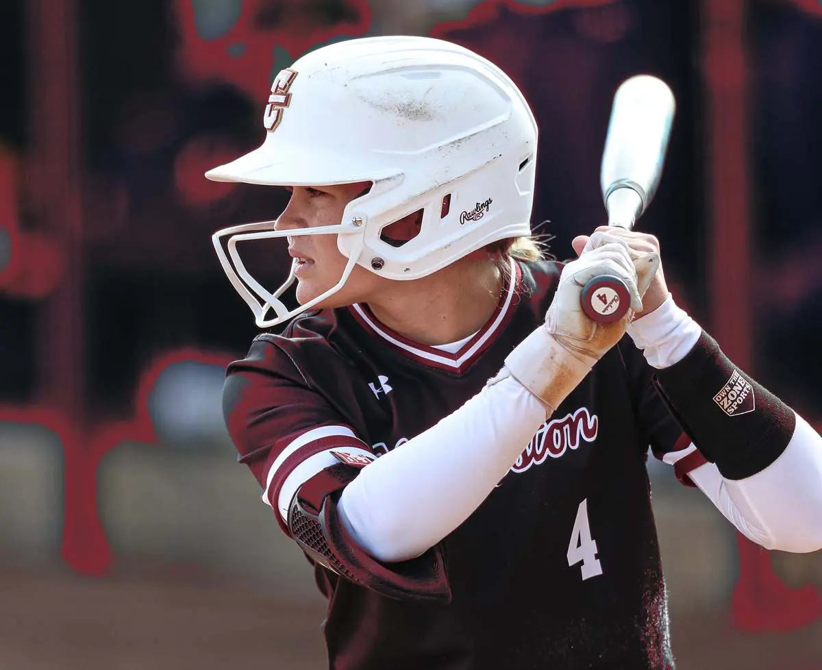 Profile view of softball player getting ready to bat