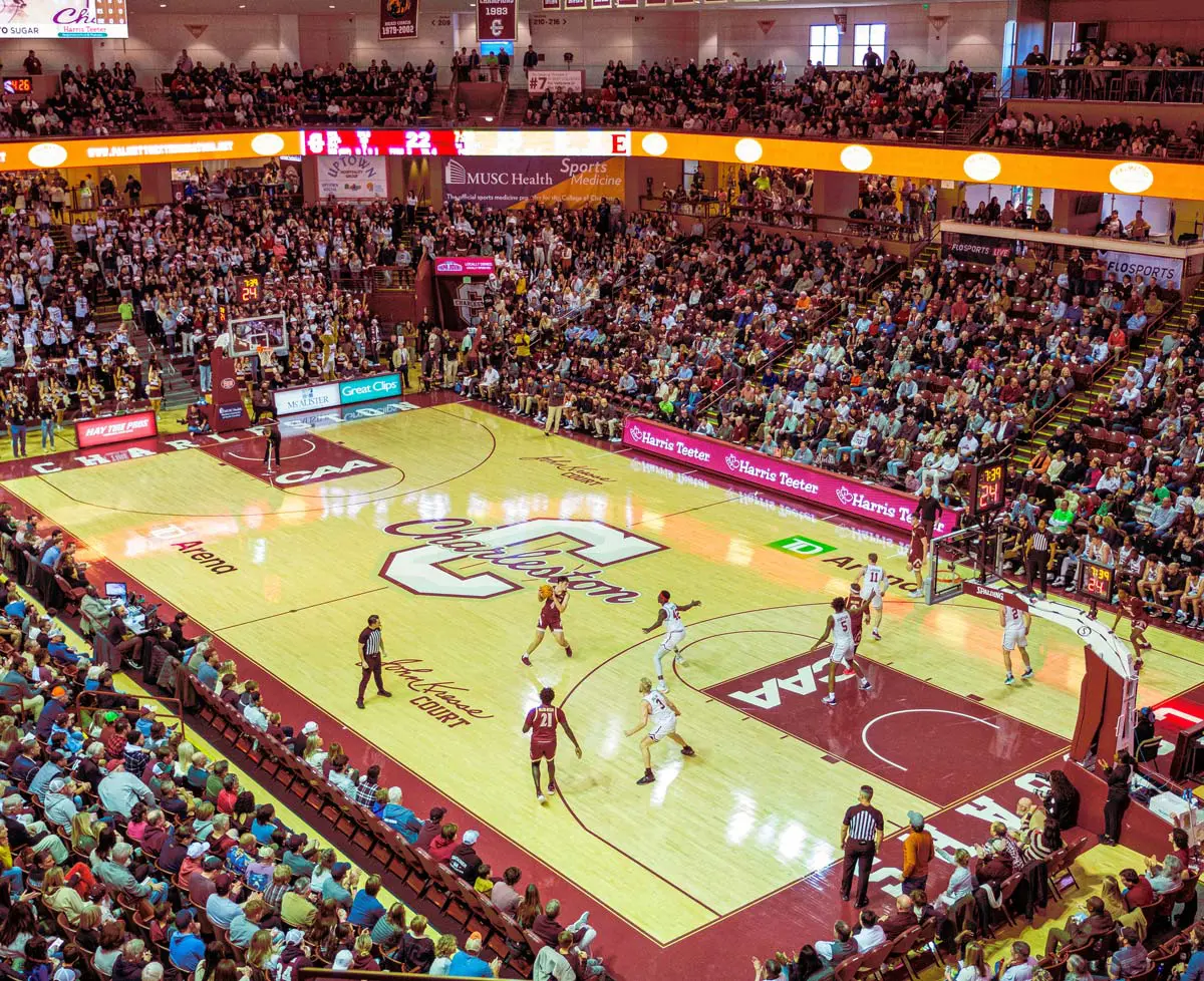 Aerial view of basketball players on the court